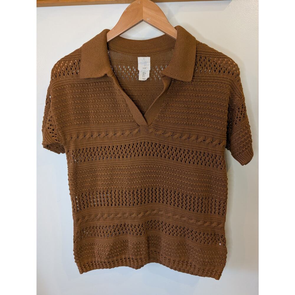 Joie Brown Open Knit Polo Collar Sweater Top Crochet Cable Knit Small S